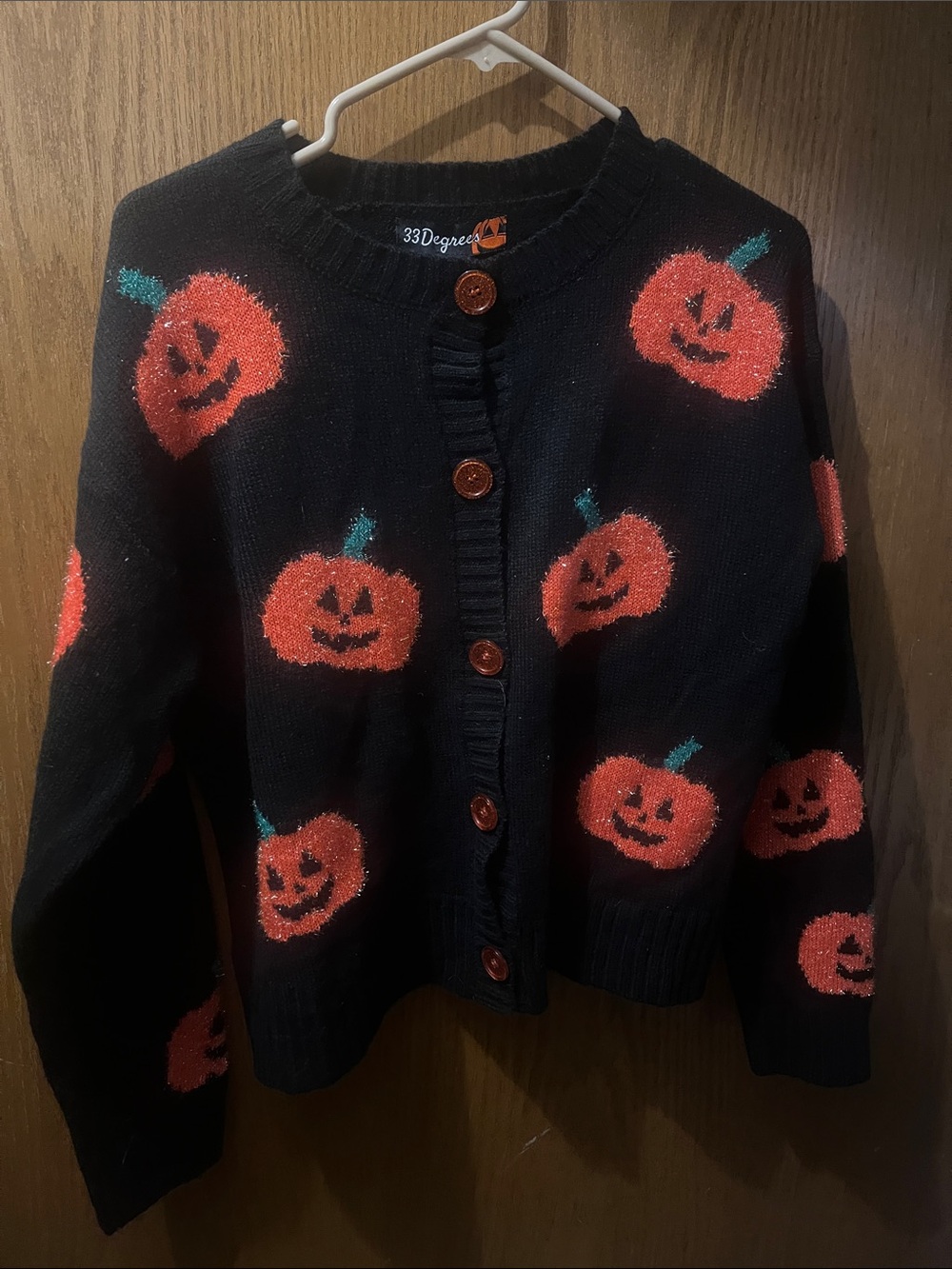 32 Degrees Black Cardigan with Orange Pumpkin Motif